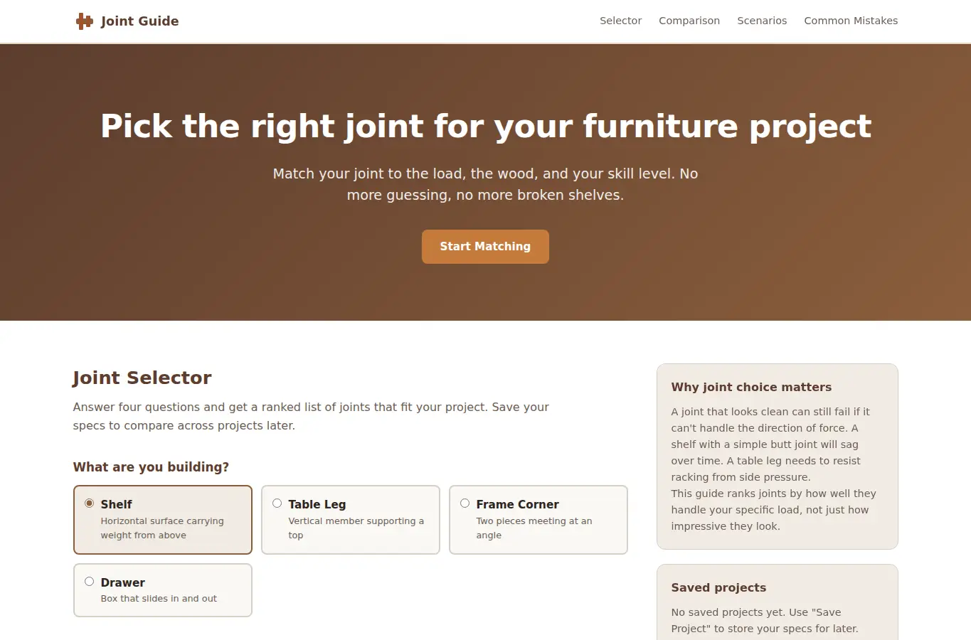 Screenshot of DIY Furniture Joint Strength Guide interface showing the project page in use